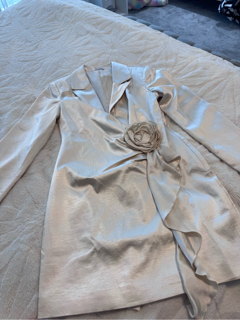 Miss Selfridge Ivory Satin Wrap Blazer with Rosette Accent